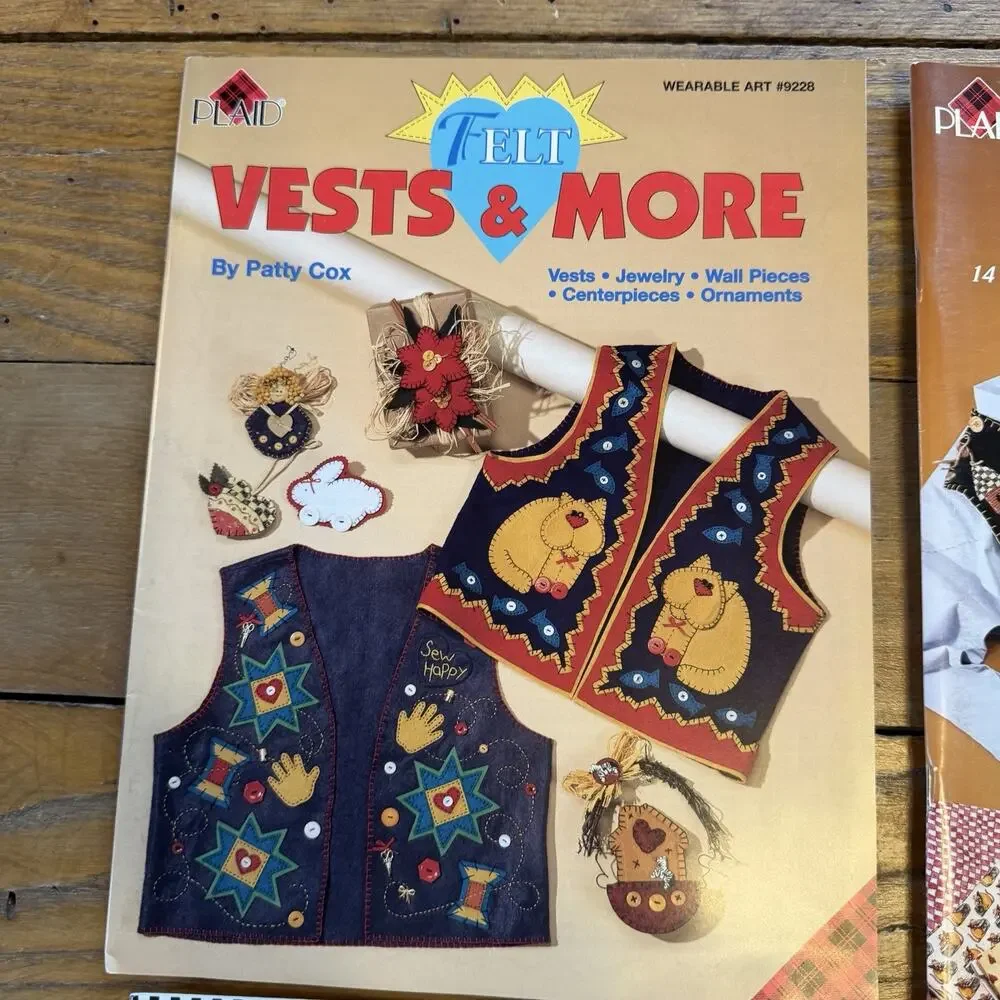 Vintage Plaid Wearable Art Pattern Lot Felt Vests Applique Alma Lynne 4pc